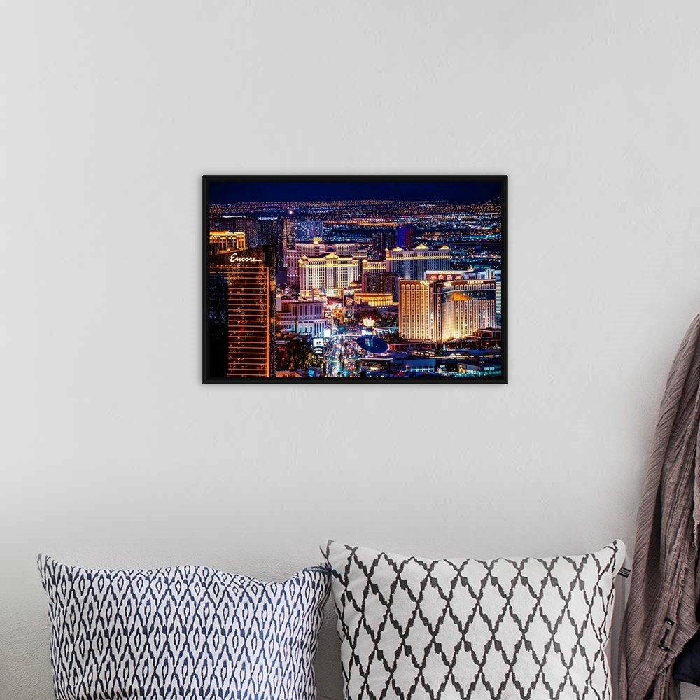 A bohemian room featuring View of hotels and casinos near Las Vegas strip in Nevada at night.