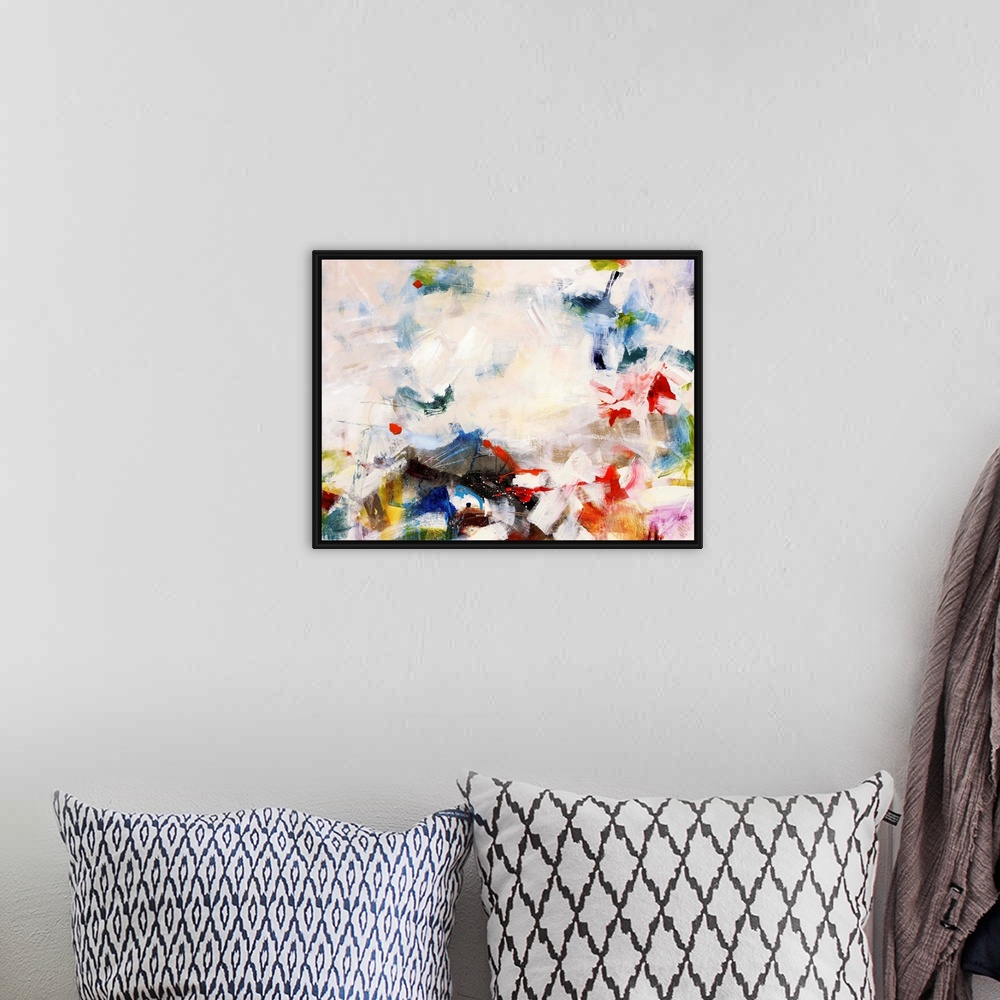 A bohemian room featuring Colorful contemporary abstract painting consisting of short thick brush strokes.
