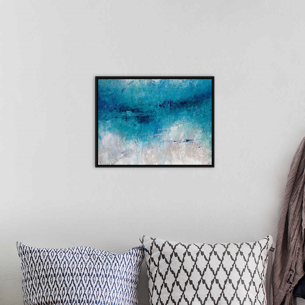 A bohemian room featuring Abstract artwork consisting of a bright blue  mass over a cool, neutral background.