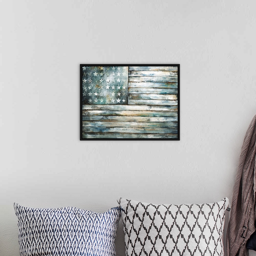 A bohemian room featuring Contemporary painting of a wooden and weathered looking American flag.