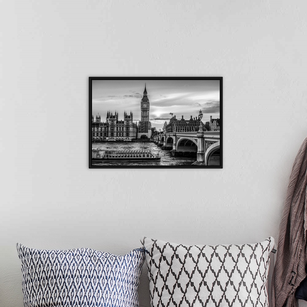 A bohemian room featuring Photograph of a river boat on the River Thames about to go under the Westminster Bridge with Big ...