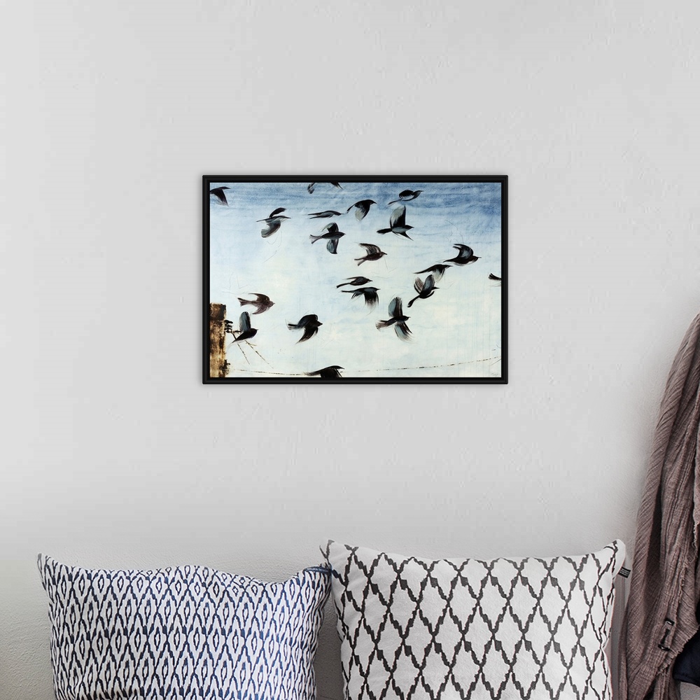 A bohemian room featuring Contemporary artwork of a flock of sparros in flight above a power line in front of a light blue ...