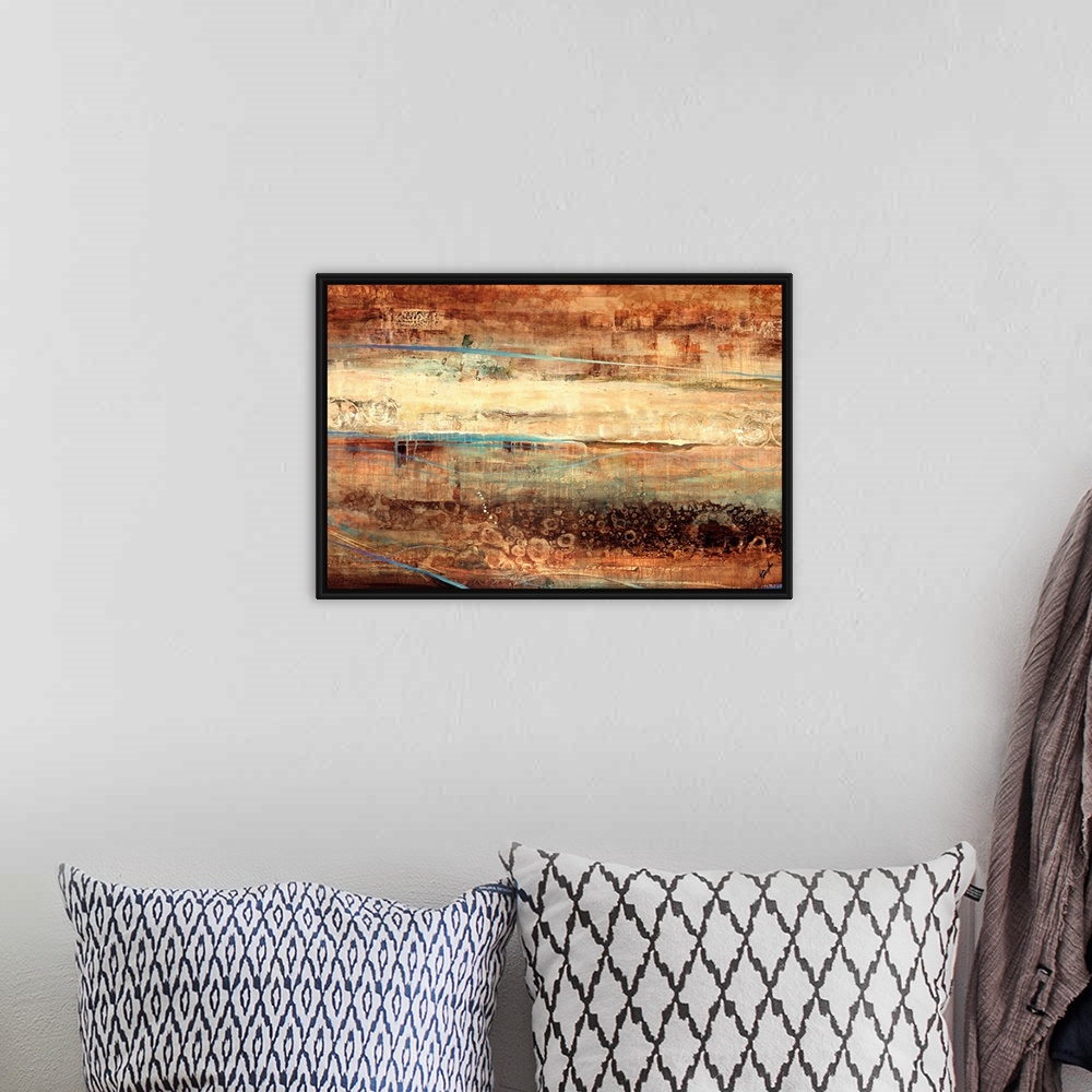 A bohemian room featuring Large, landscape, abstract painting of various horizontal streaks of texture and color in earth t...