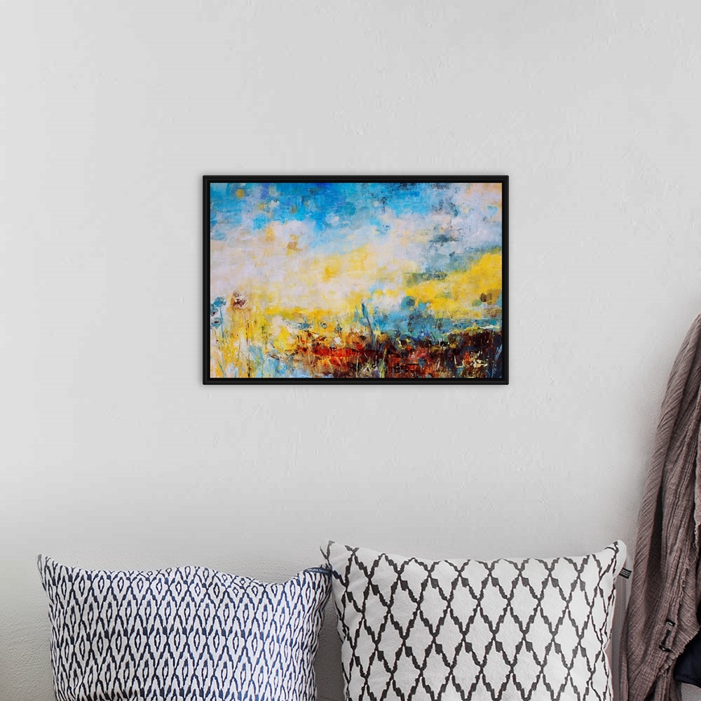 A bohemian room featuring Abstract landscape painting in lemon yellow and bright blue.