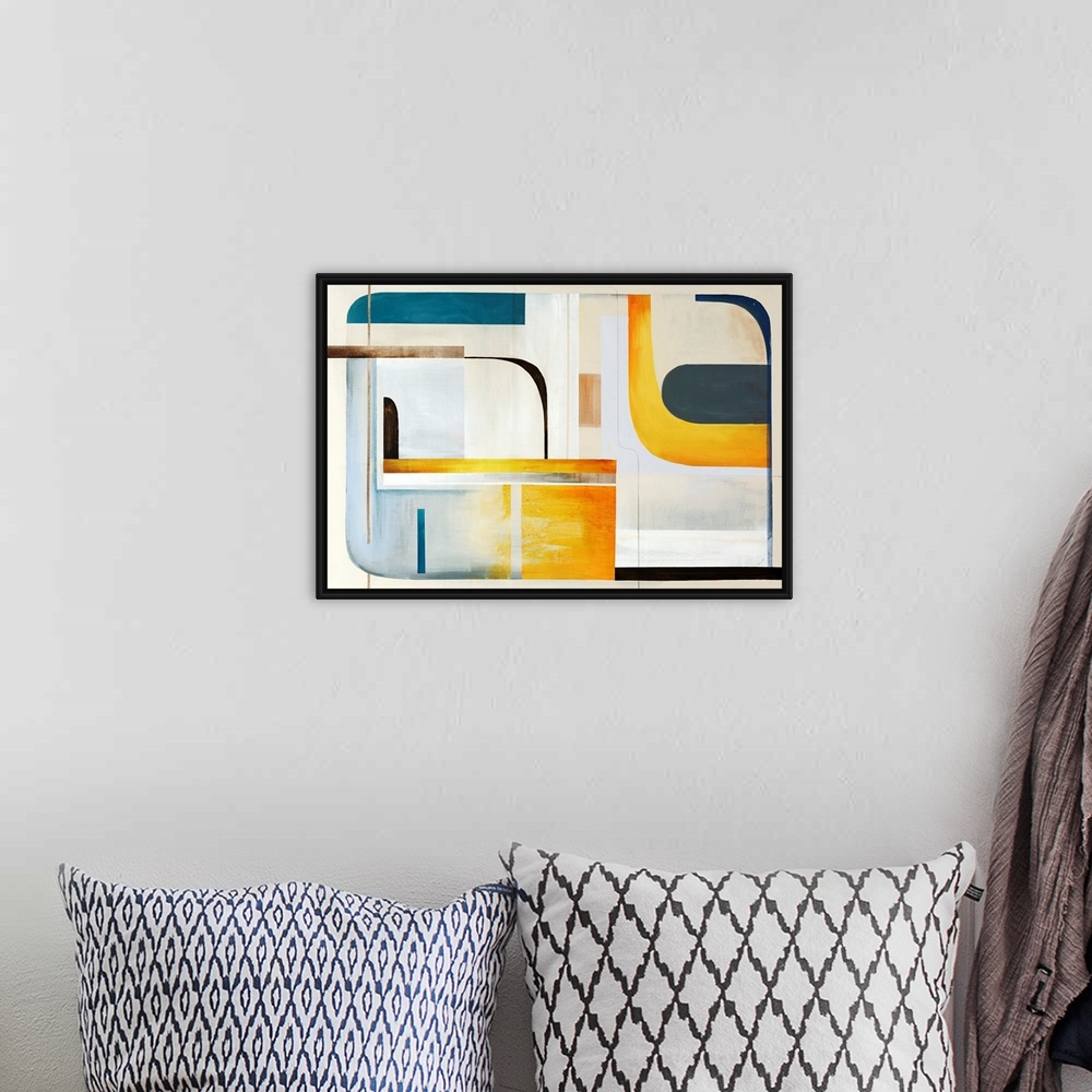 A bohemian room featuring Modern painting of geometric shapes and lines reminiscent of mid century modern styles.