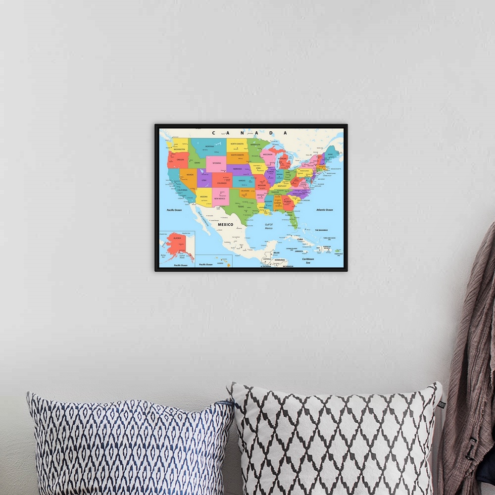 A bohemian room featuring Large color map of the United States of America with a modern font.