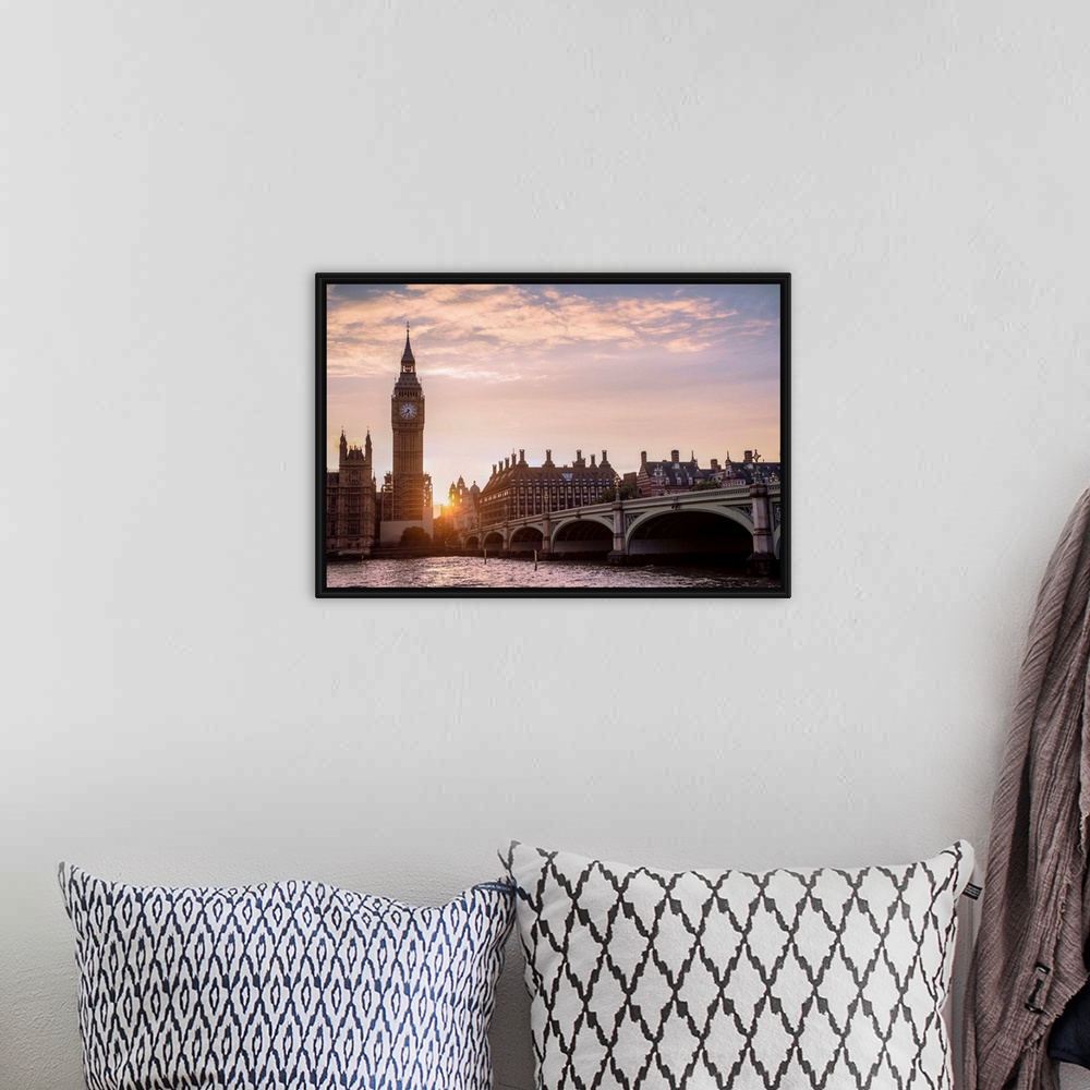A bohemian room featuring Panoramic photograph of the Westminster Bridge over the River Thames and Big Ben at sunset, Westm...