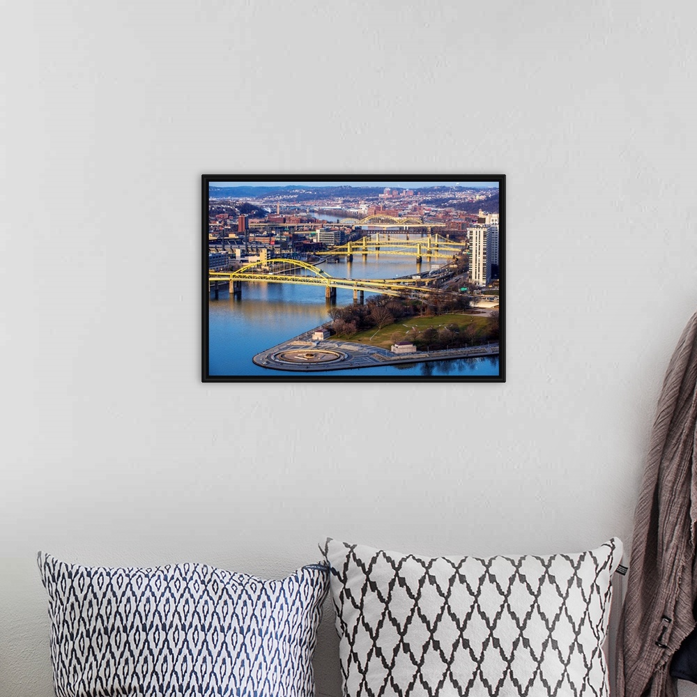 A bohemian room featuring Photo of Fort Duquesne Bridge, Three Sisters Bridges, and David Mccullough Bridge with Point Stat...