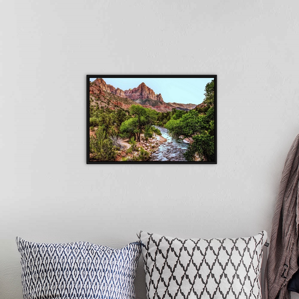 A bohemian room featuring Landscape photograph of Zion National Park with the Virgin River.