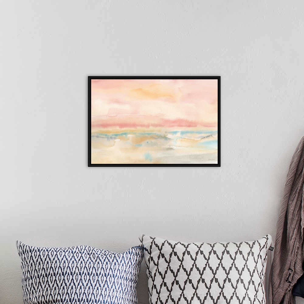 A bohemian room featuring Square abstract watercolor painting in blurred brush strokes of muted tones of pink, blue and green.