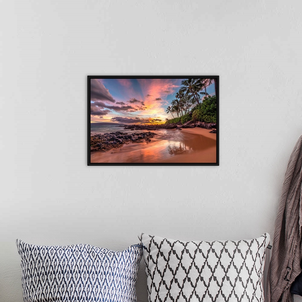 A bohemian room featuring Colorful sunset from secret cove, Maui, Hawaii.