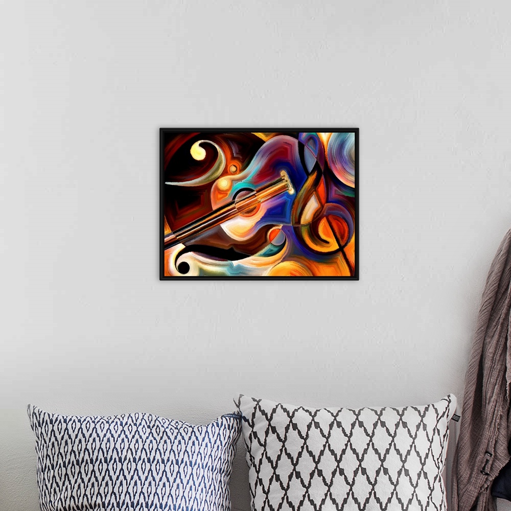A bohemian room featuring Abstract painting on the subject of music and rhythm.