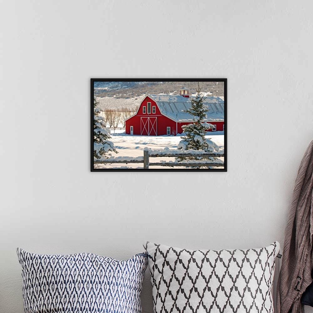 A bohemian room featuring Red Barn with Snow