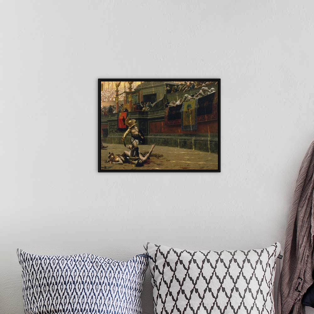 A bohemian room featuring Vintage print of a Roman Gladiator with his defeated opponent.