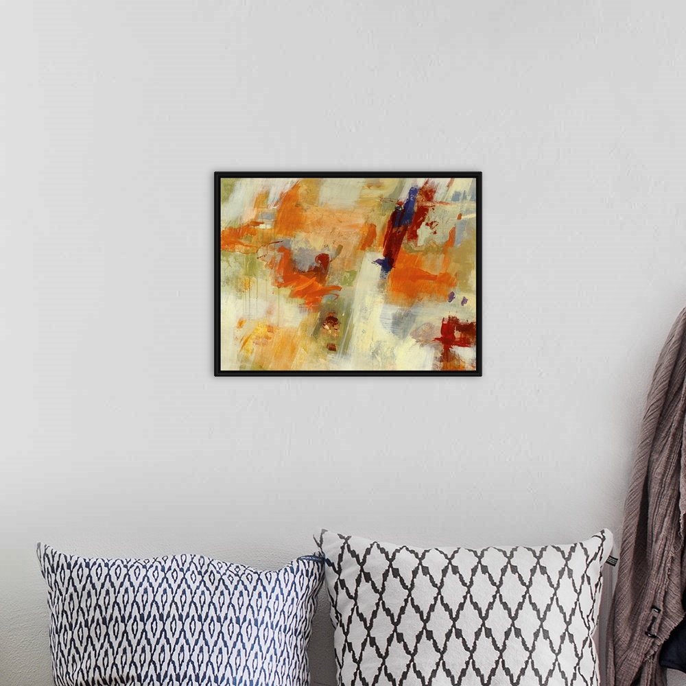 A bohemian room featuring Colorful contemporary abstract painting consisting of wide brush strokes and dripping painting.