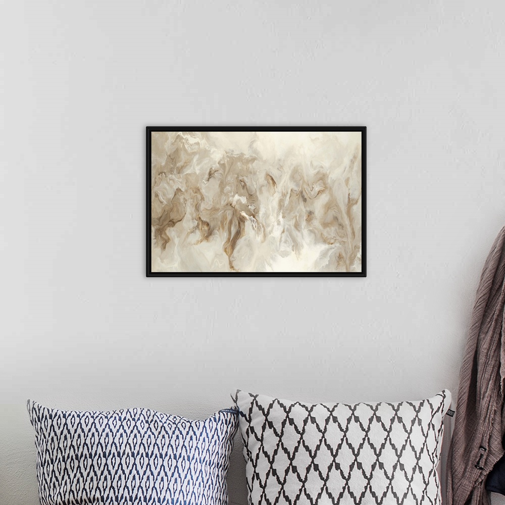 A bohemian room featuring Neutral colored hues marbling together in this large abstract painting.