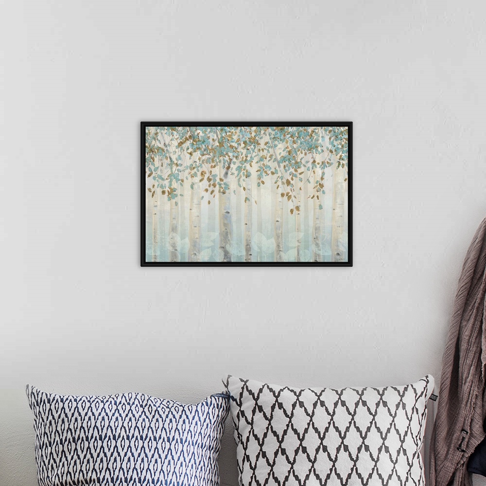 A bohemian room featuring Translucent trees create a serene illusion within this forest contemporary artwork.