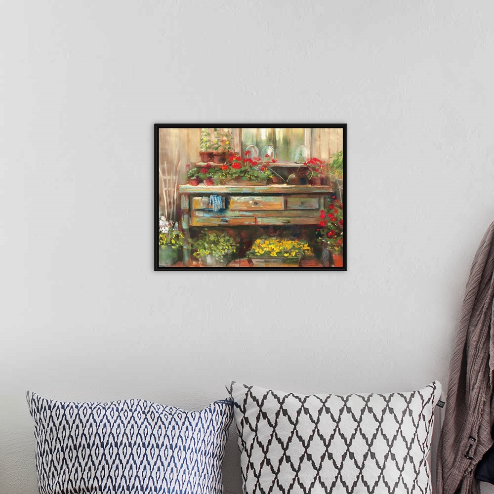 A bohemian room featuring Contemporary painting of potted flowers sitting outside a shed.