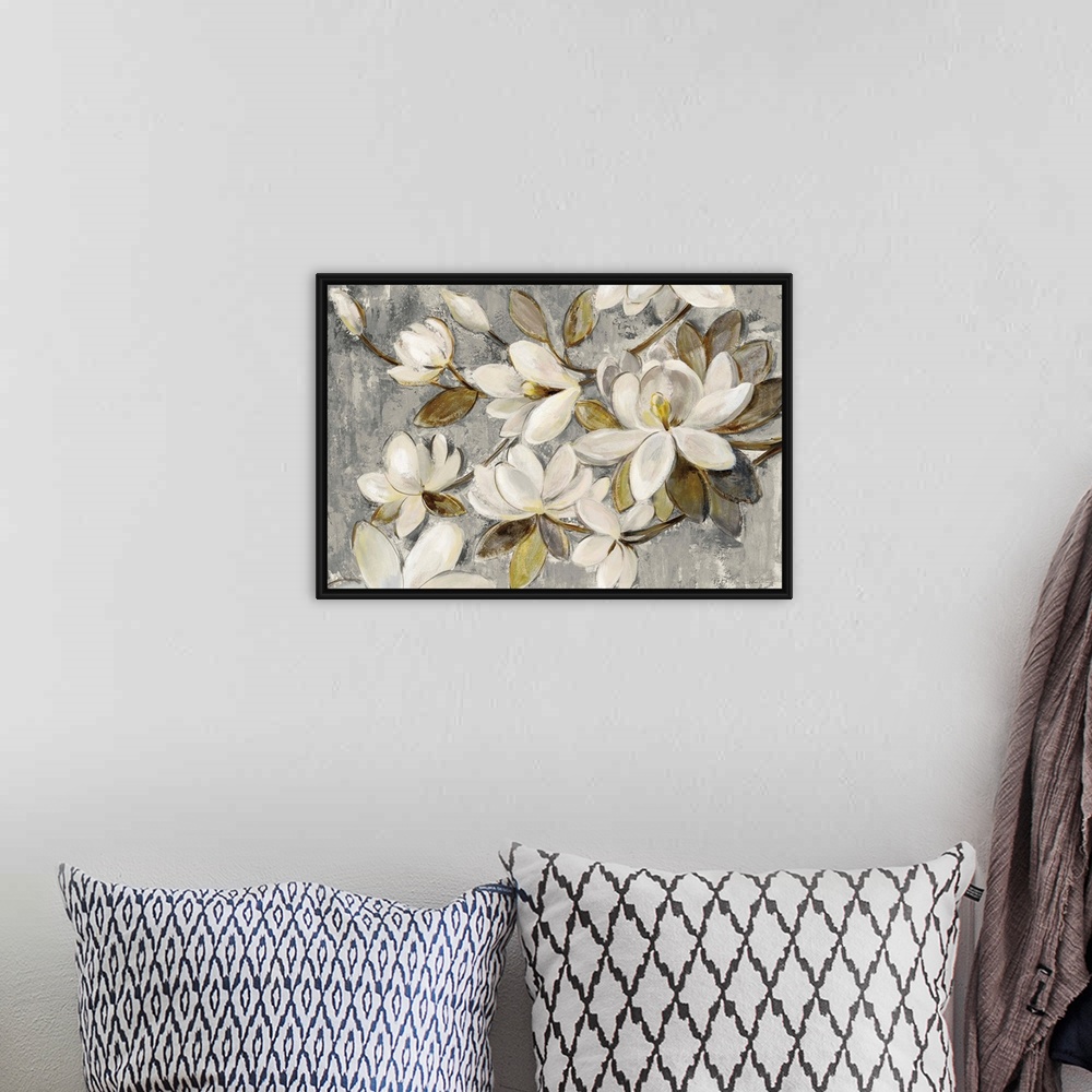 A bohemian room featuring Contemporary painting of magnolia flowers on a textured gray and cream colored background.