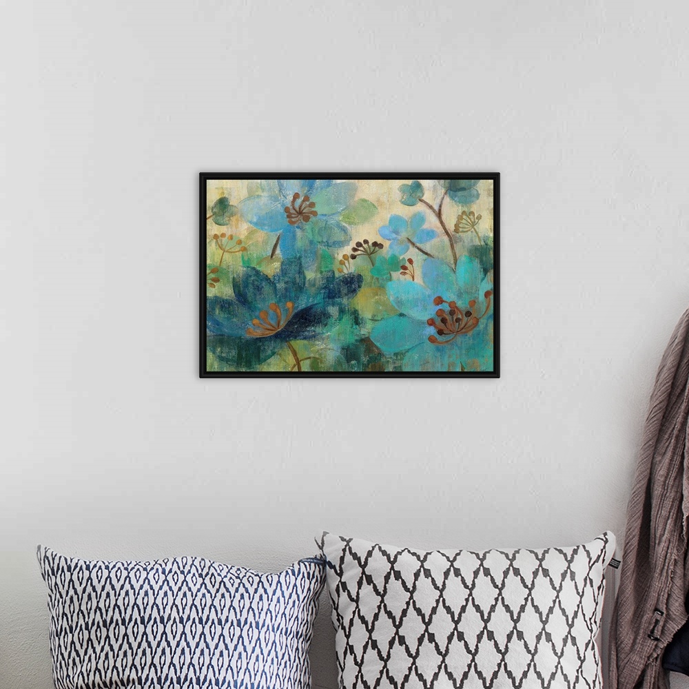 A bohemian room featuring Painting of floral collage.  Emphasis is on the petal and stamen shapes, all ranging in different...