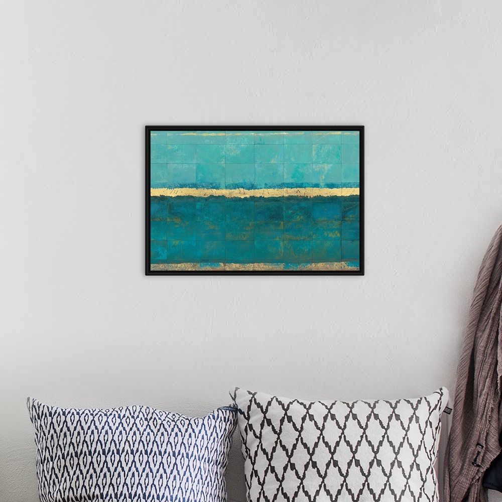 A bohemian room featuring Abstract painting of square tiles with horizontal bands of color.