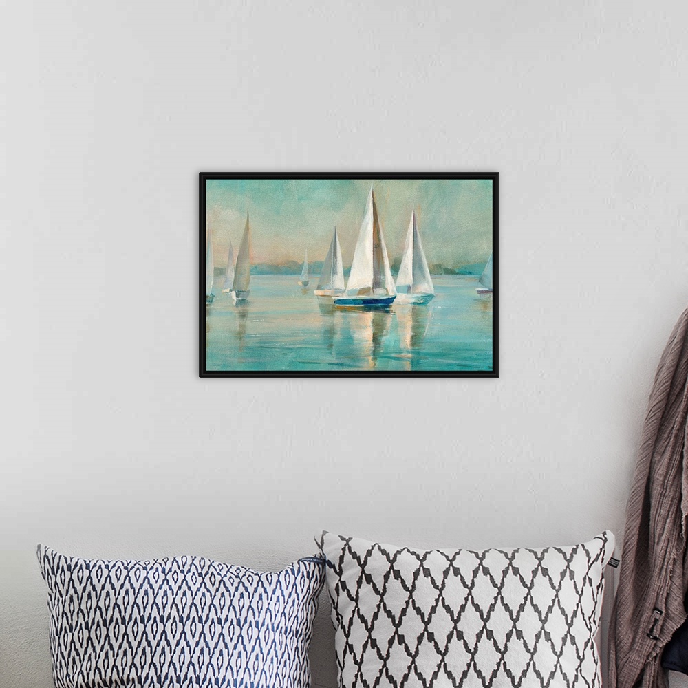 A bohemian room featuring Contemporary painting of sailboats on crystal blue waters.
