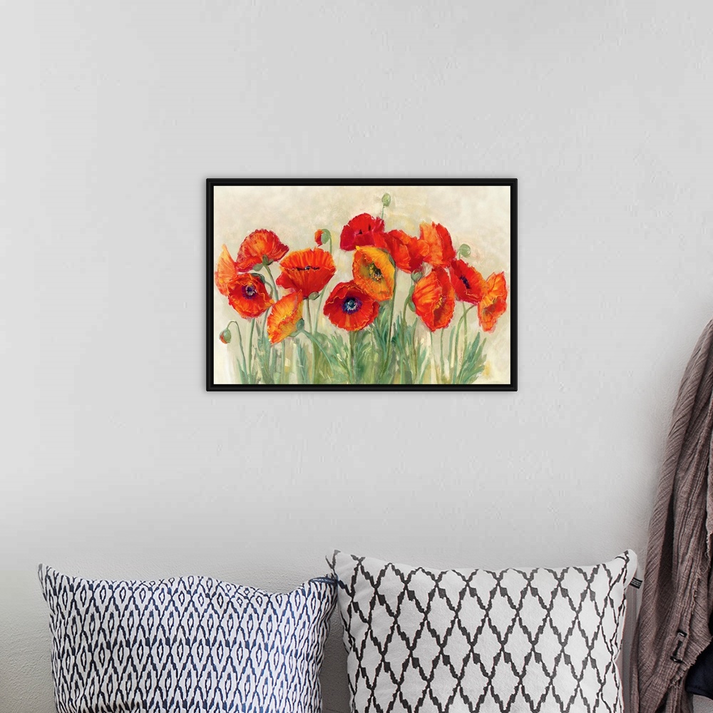 A bohemian room featuring Large contemporary piece of artwork that displays the beauty of a group of poppies.