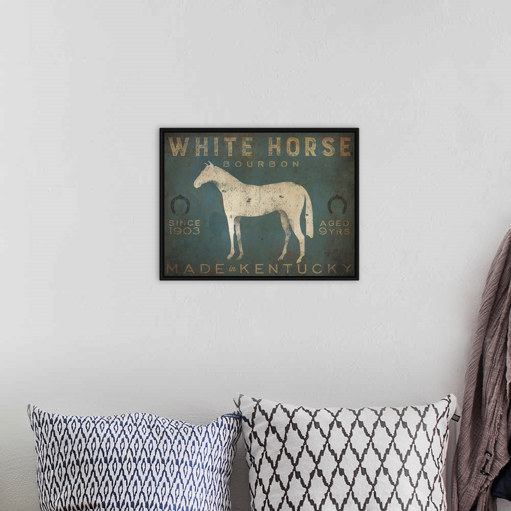A bohemian room featuring Contemporary rustic artwork of a worn and weathered sign for aged whisky.