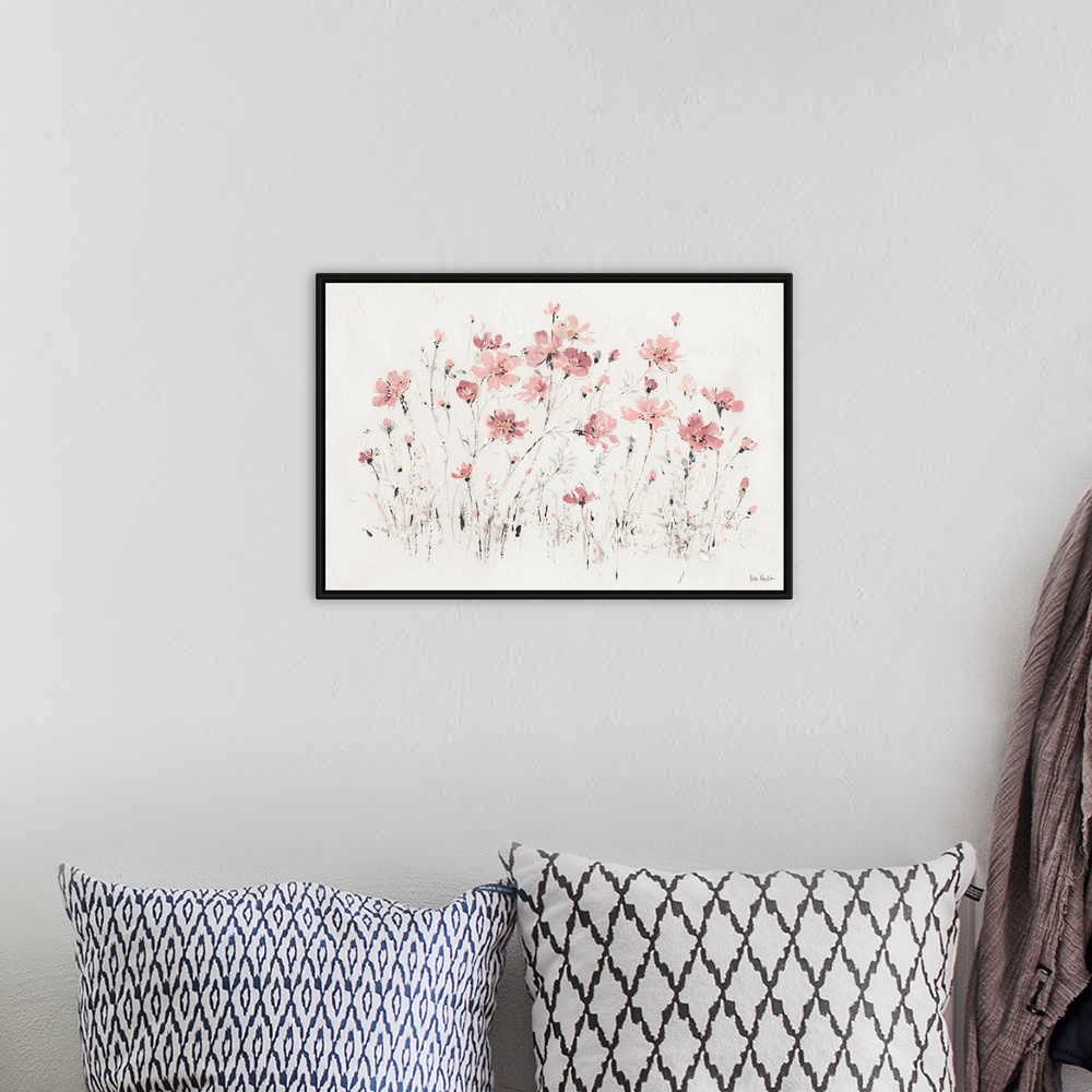 A bohemian room featuring Contemporary artwork with delicate pink flowers with short black strokes over white textured back...
