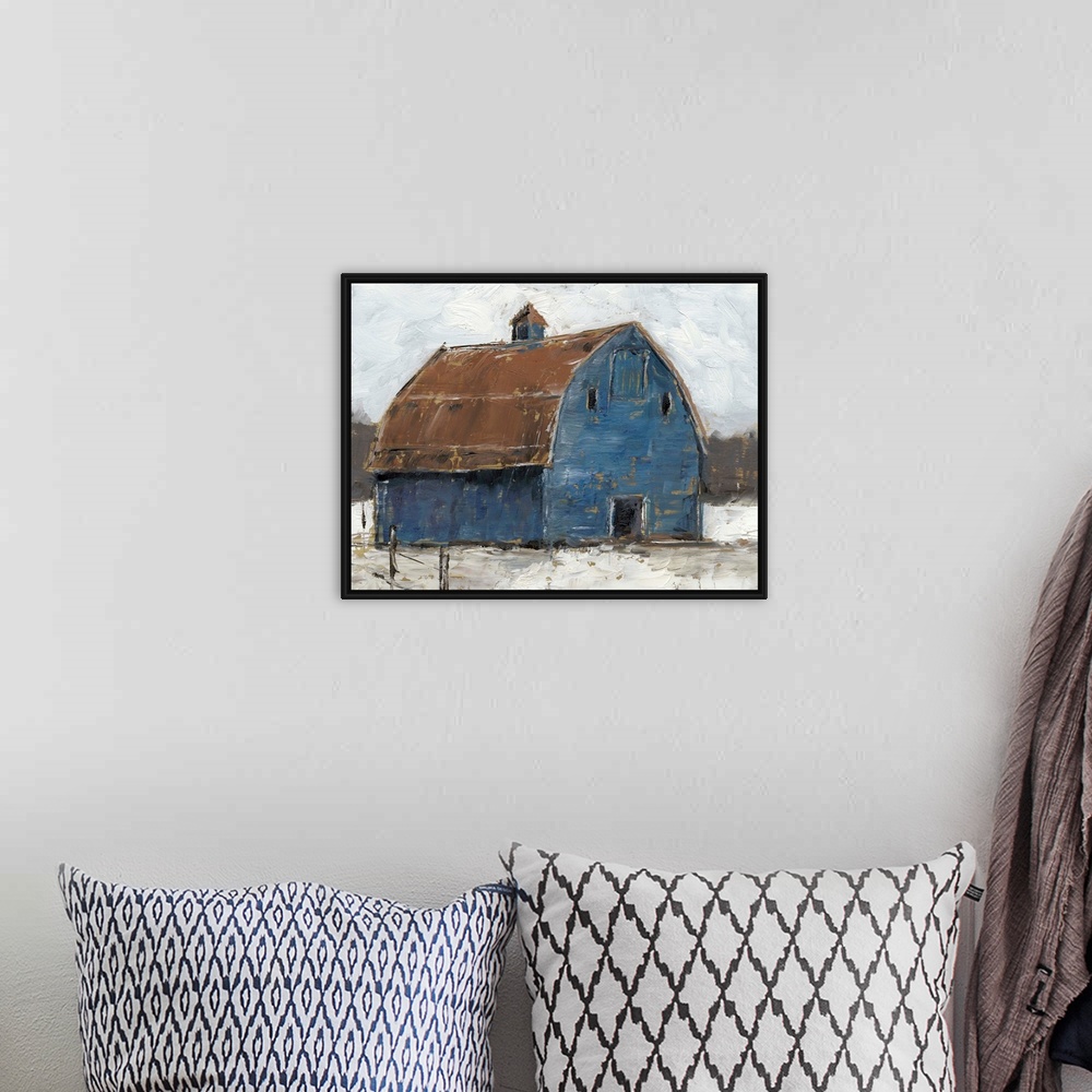 A bohemian room featuring A cool, wintery image of a large denim-blue barn with a rusty brown roof on snowy ground under a ...
