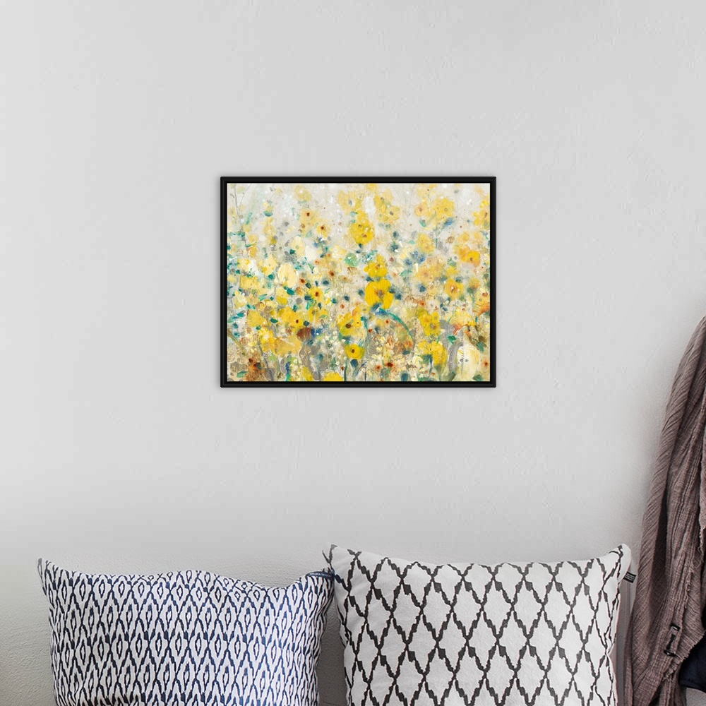 A bohemian room featuring A contemporary painting displaying flowers and plants that are represented in mostly yellow tones.
