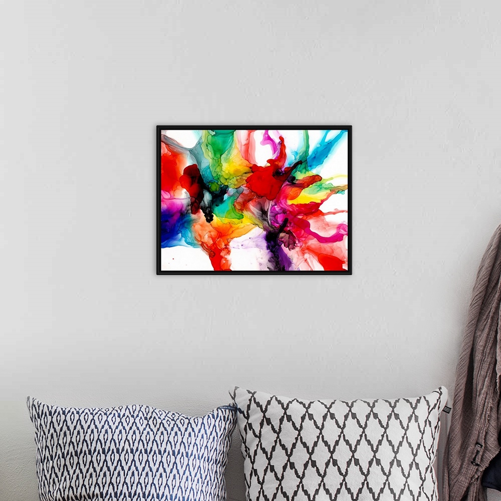 A bohemian room featuring A punchy, bright, jewel-toned abstract created with an alcohol ink technique. Featuring every col...