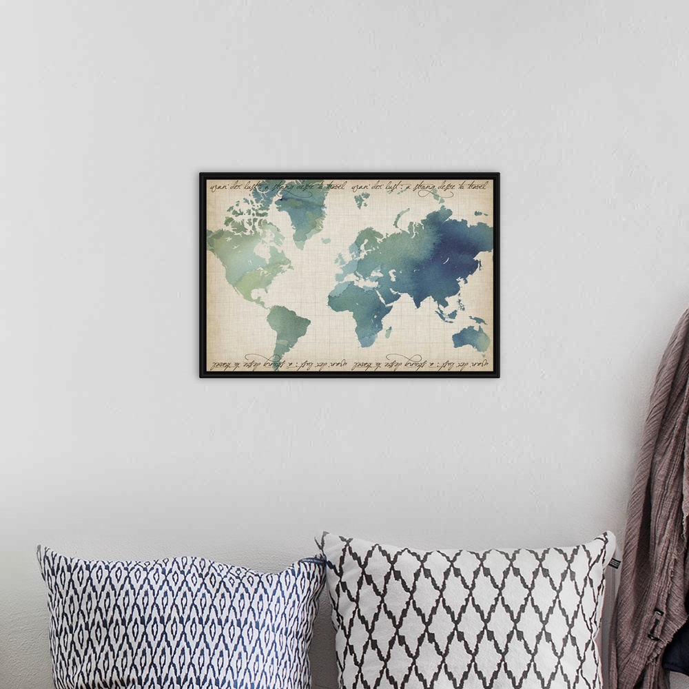 A bohemian room featuring Watercolor World Map