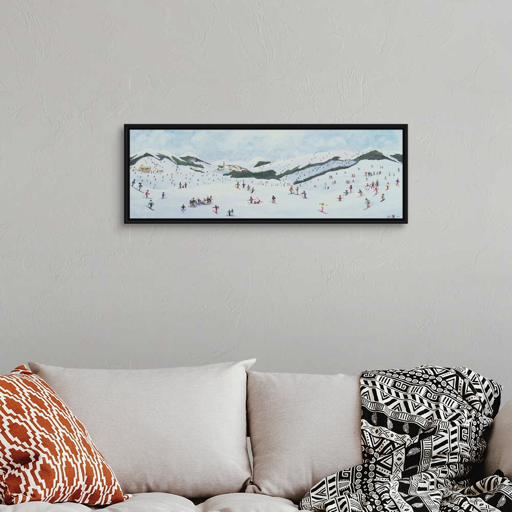 A bohemian room featuring Contemporary painting of people enjoying  the snow in a hilly landscape.