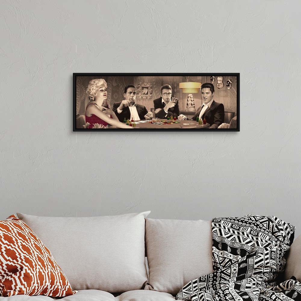 A bohemian room featuring Painting of Marilyn Monroe, Humphrey Bogart, James Dean, and Elvis Presley playing cards together.