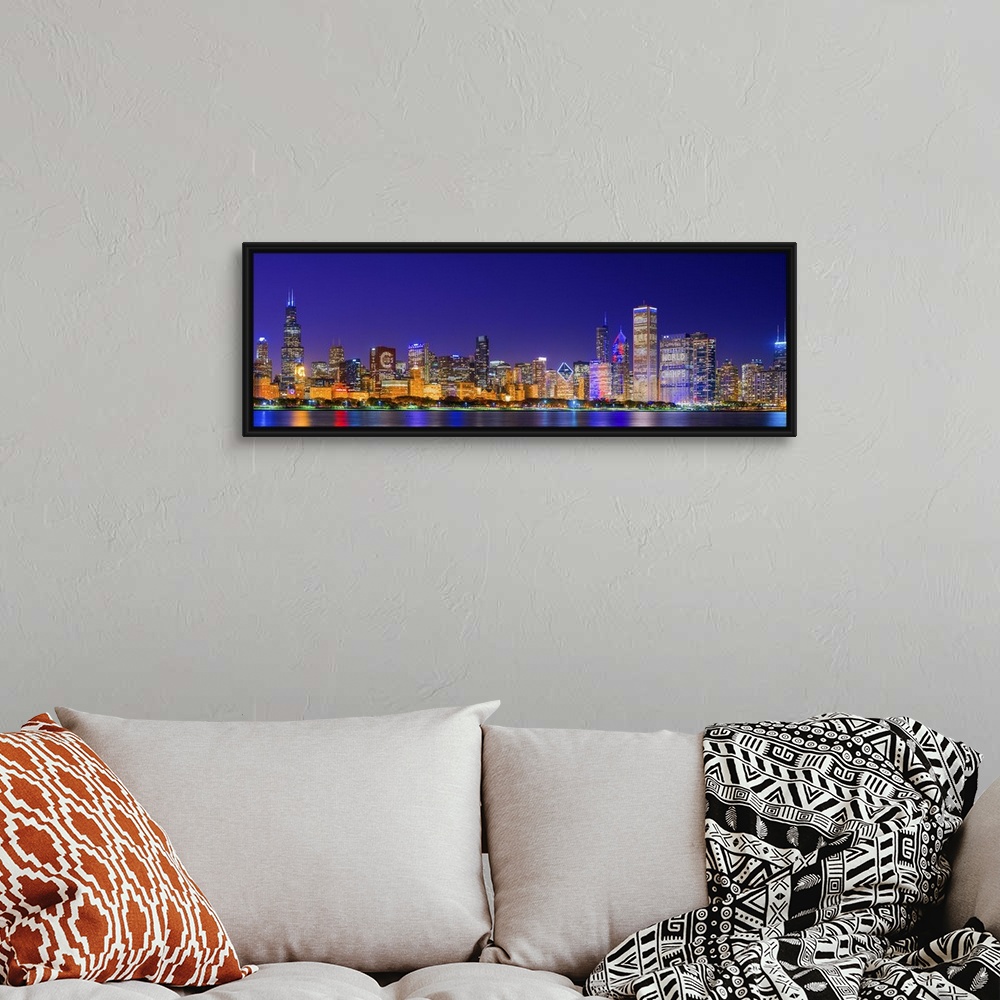 A bohemian room featuring Chicago skyline with Cubs World Series lights night, Lake Michigan, Chicago, Cook County, Illinoi...