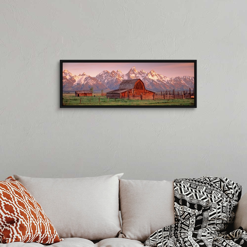 A bohemian room featuring Panoramic photograph of a large barn on a farm in Grand Teton National Park in Wyoming. Located i...