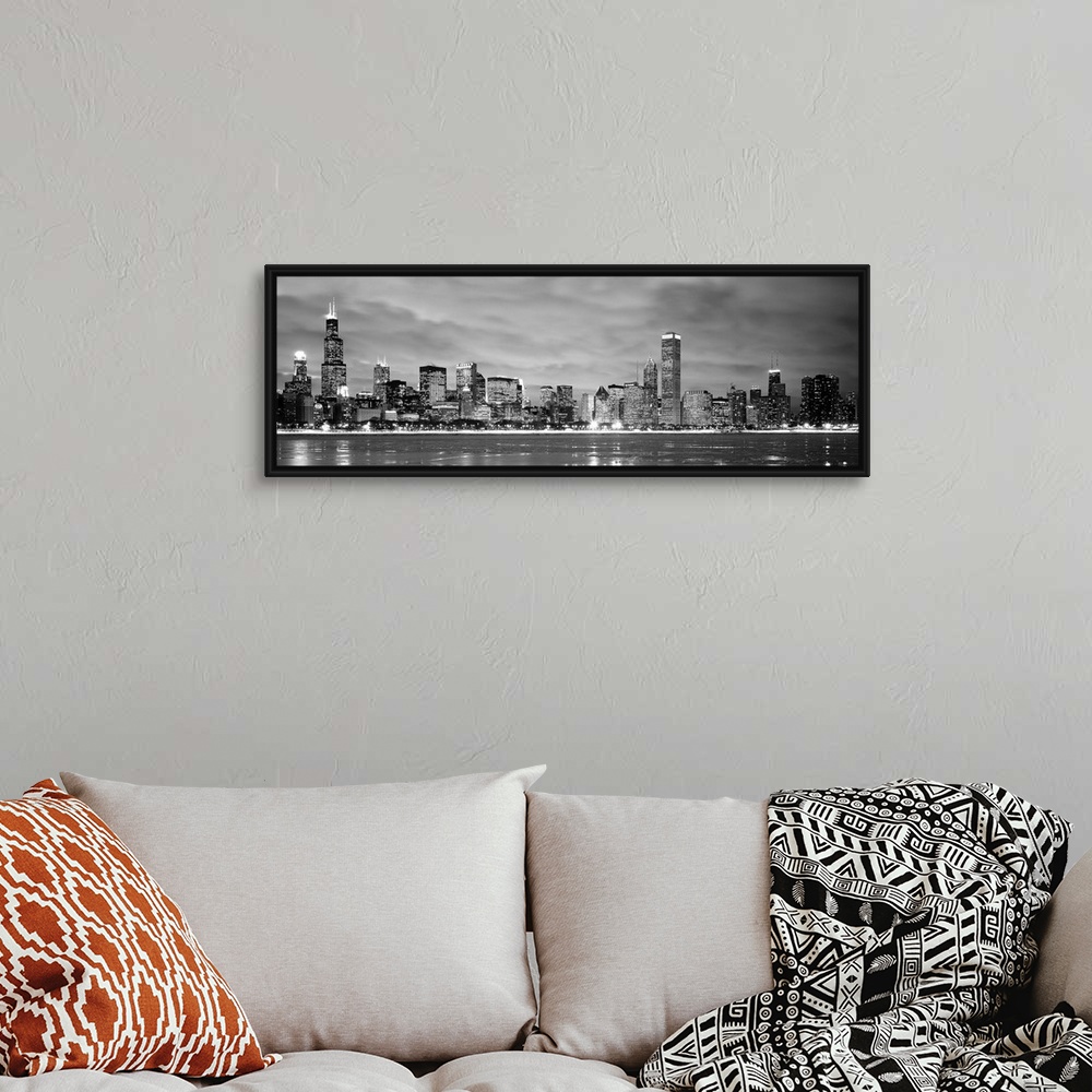 A bohemian room featuring Black and White panoramic photograph showing the view from Lake Michigan in winter of the Chicago...