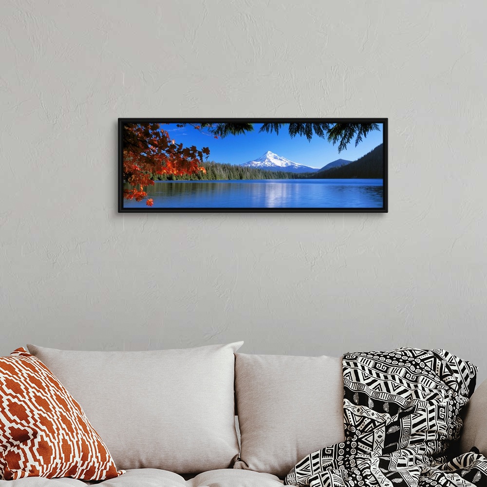 A bohemian room featuring In the wilderness a mountain peak reflects in a lake surrounded by trees on this panoramic wall art.