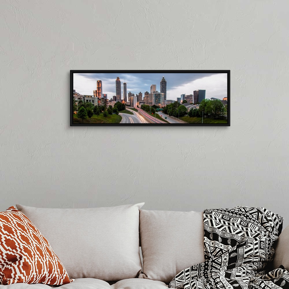 A bohemian room featuring Panoramic photo of skyscrapers in the Atlanta, Georgia skyline in the late afternoon.