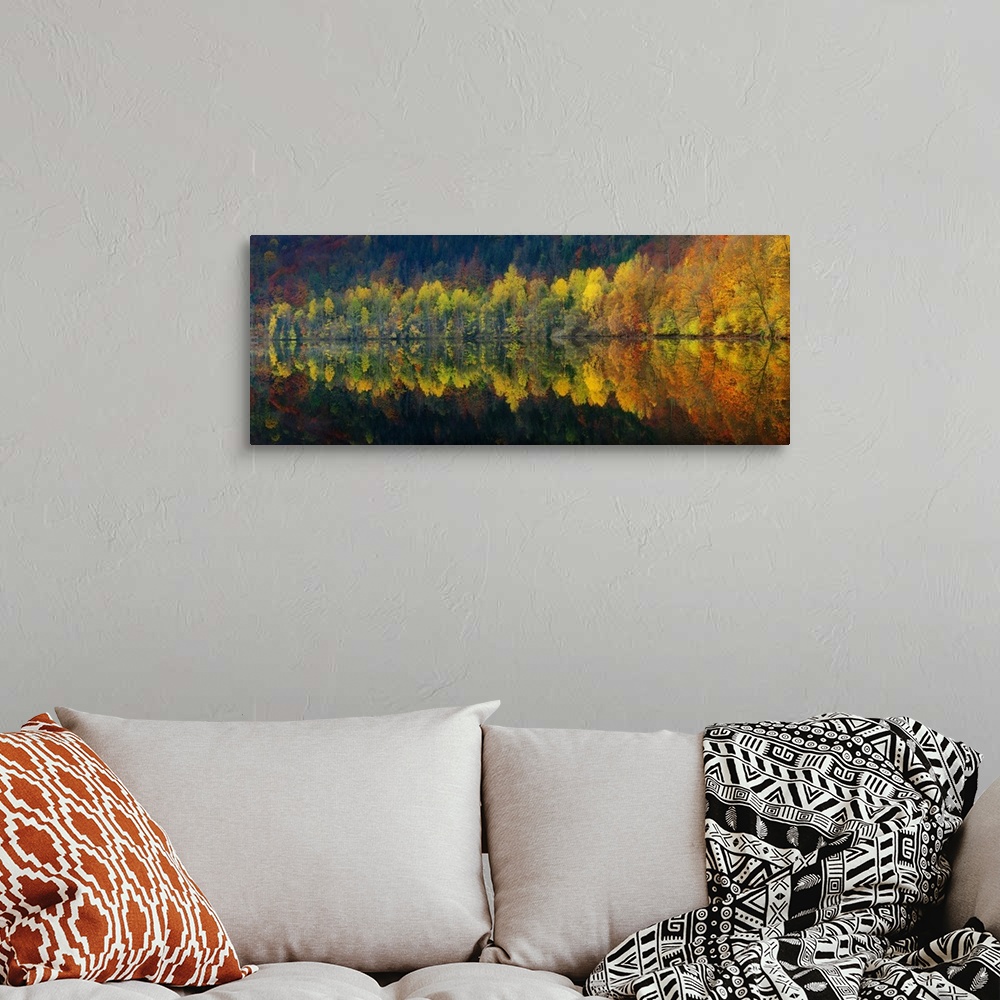 A bohemian room featuring Perfect mirror image of trees turning fall colors in the lake below.