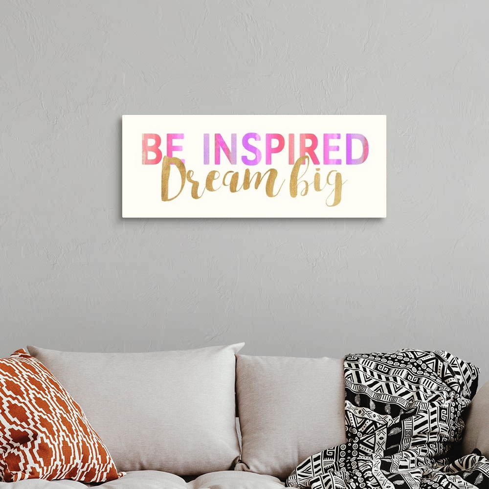 A bohemian room featuring Inspirational typography art in bold pink lettering and gold script.
