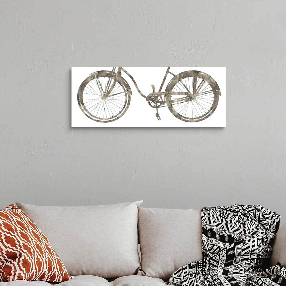 A bohemian room featuring Silhouette of the bottom part of a bicycle in shades of gray on a white background.