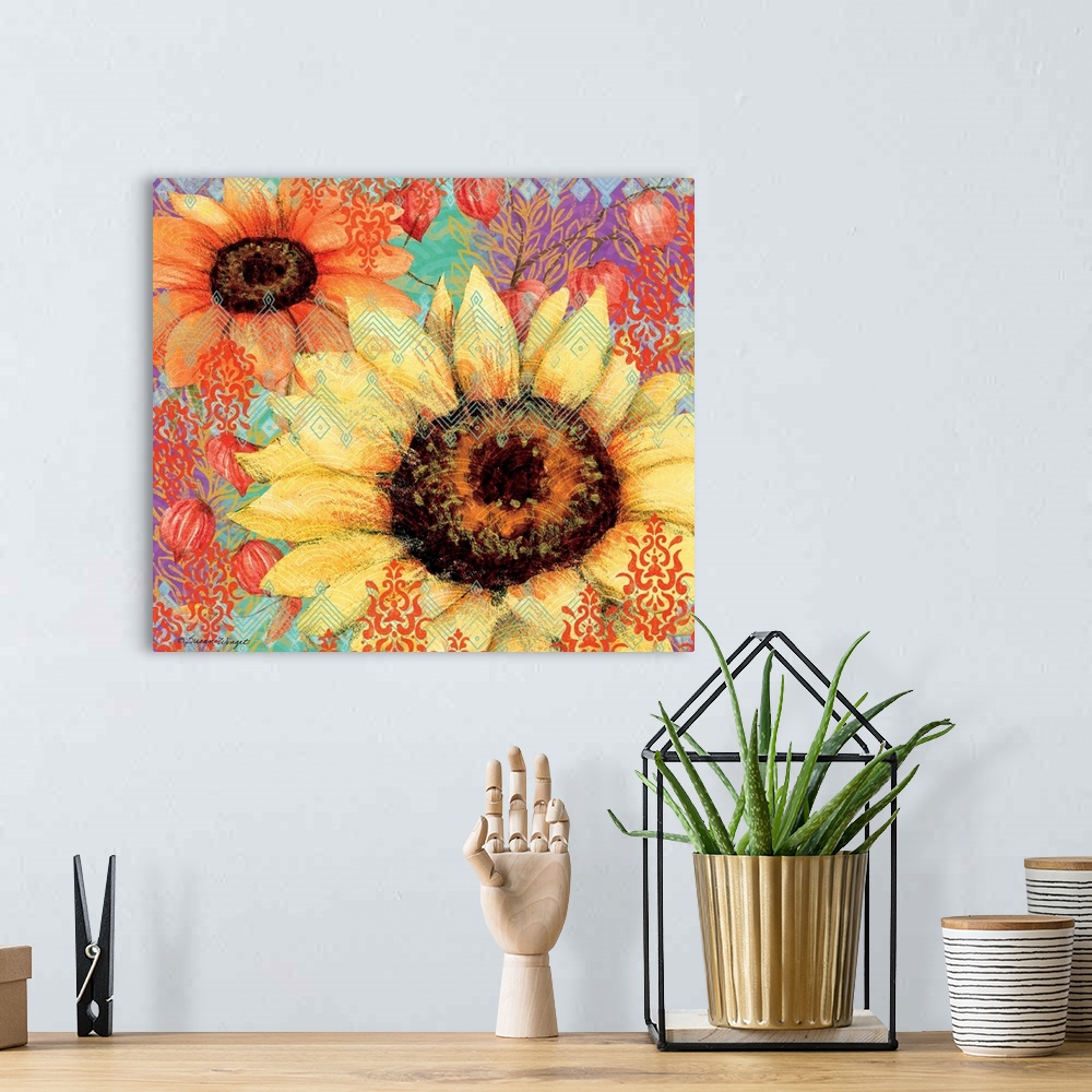 A bohemian room featuring This big, bold and bright sunflower makes a statement!