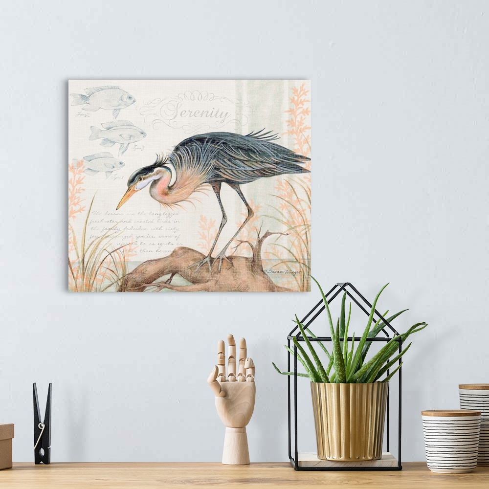 A bohemian room featuring This heron in a lovely watercolor scene brings the coast into your home.