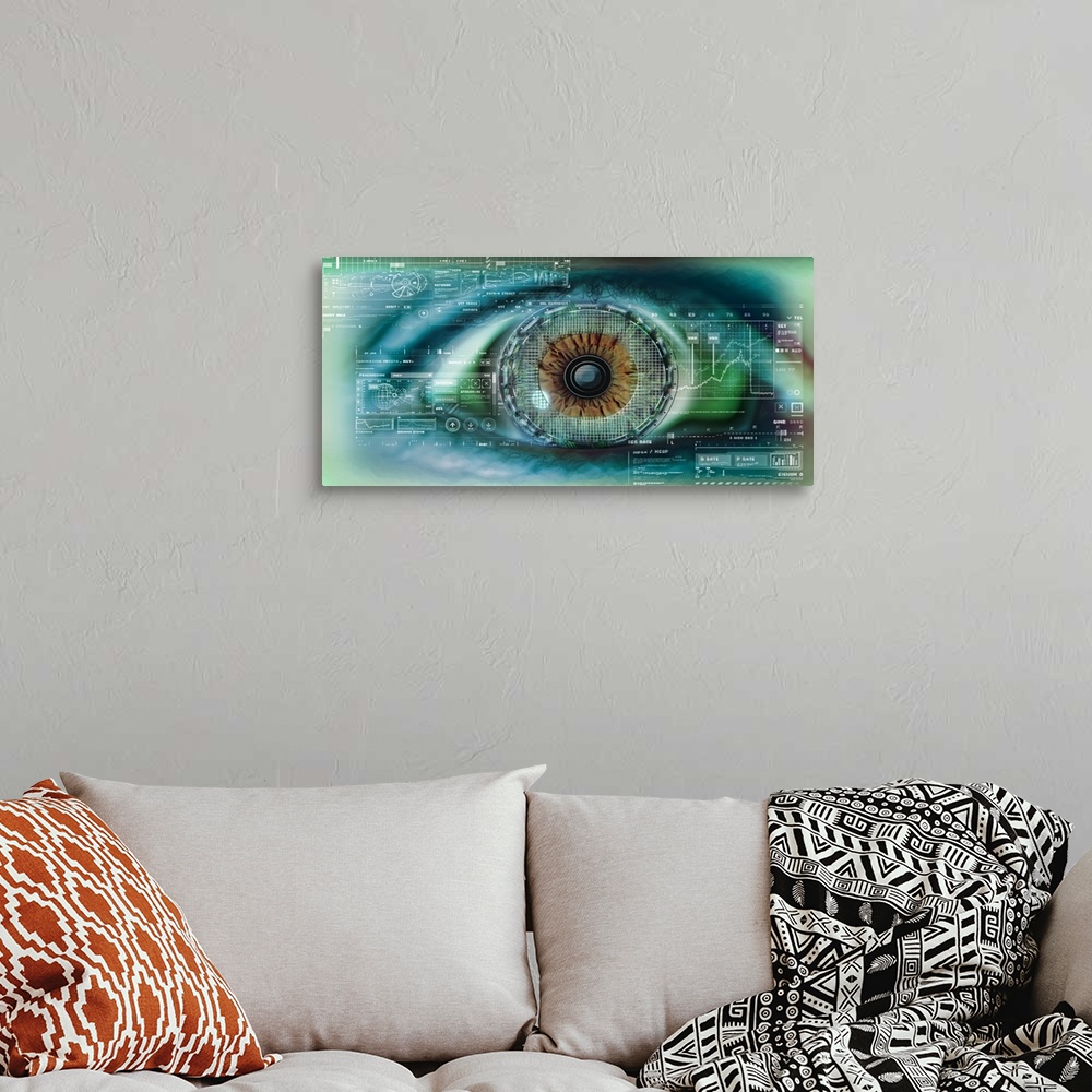 A bohemian room featuring Large, horizontal artwork of a close up image of the human eye, surrounded by digital, technical ...