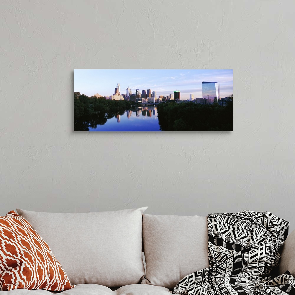 A bohemian room featuring Schuylkill River with skyscrapers in the background, Philadelphia, Pennsylvania, USA