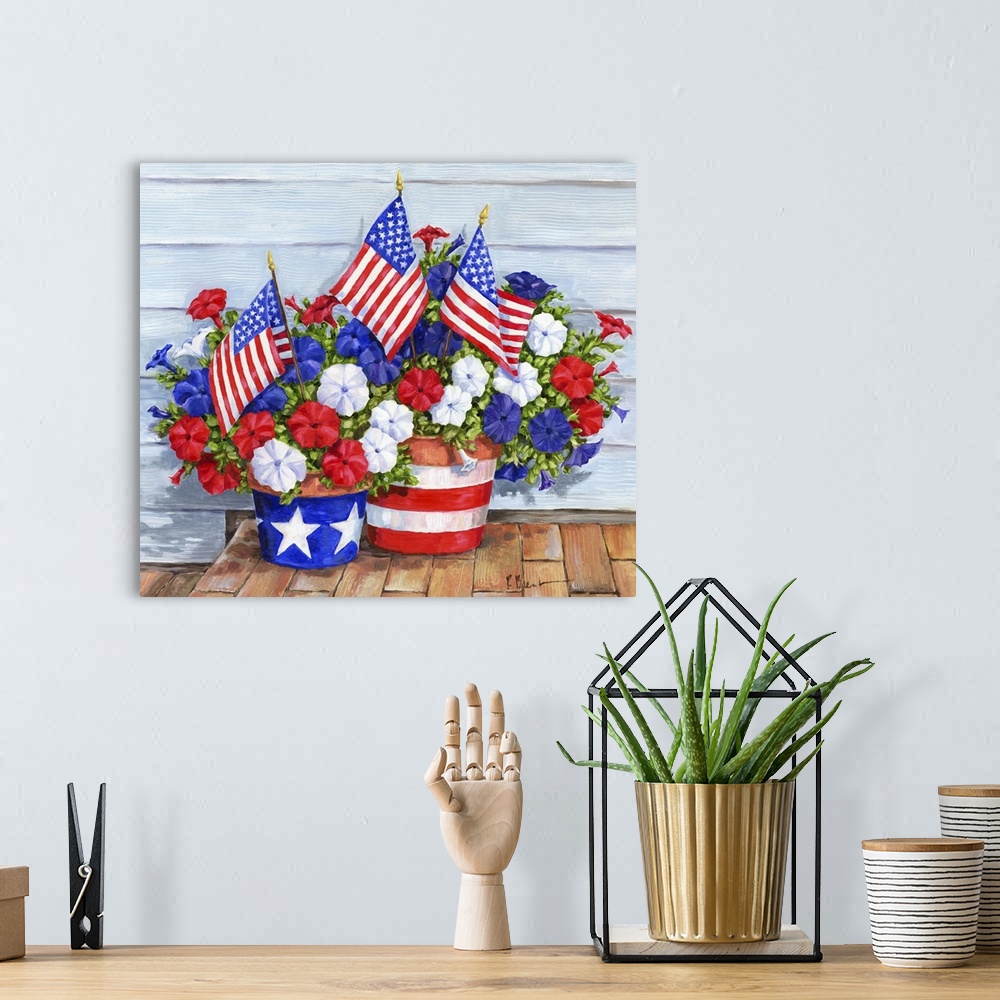 A bohemian room featuring Contemporary painting of a patriotic arrangement of petunias and American flags.
