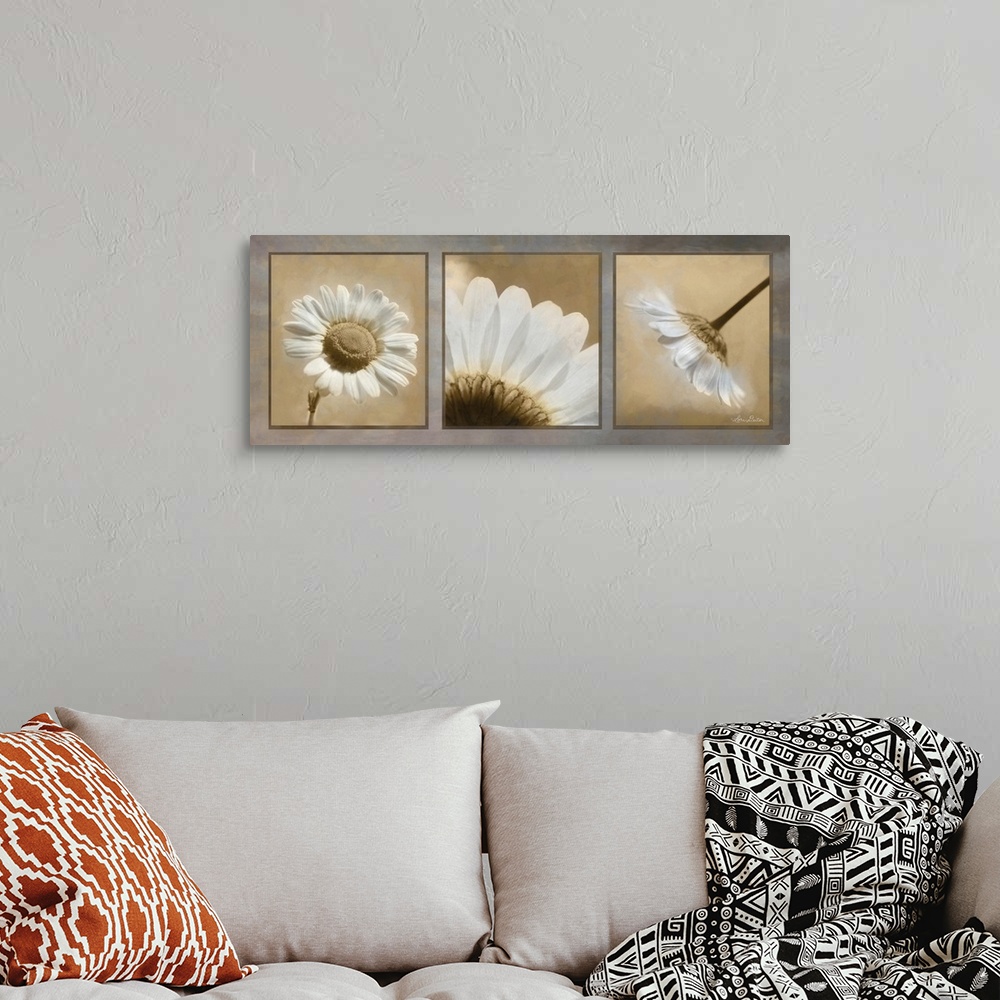 A bohemian room featuring This contemporary piece features three  close-up photos of a daisy.