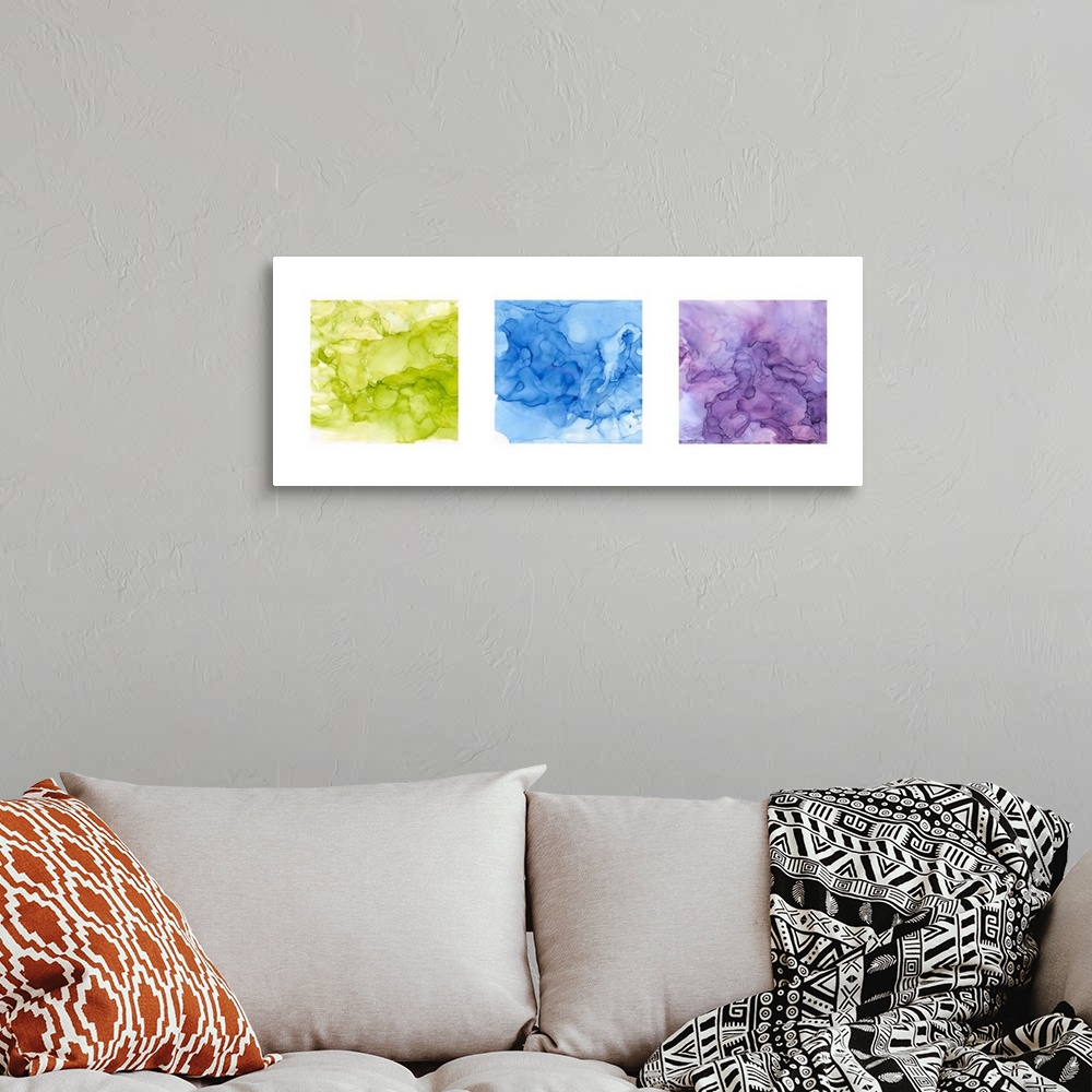 A bohemian room featuring A decorative design of multi-colored squares in bright watercolors on a white background.